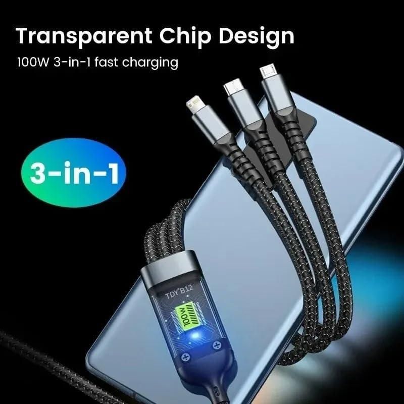 Unbreakable 3 in 1 USB Fast Charging USB Cable with Type C, Lightning, Micro USB Port with 2.1 A, Compatible with iPhone, iPad, Samsung, OnePlus, Mi, Oppo, Vivo, Xiaomi,